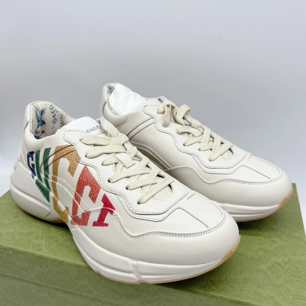 Gucci Rhyton Platform Calfskin Glitter Logo Womens Sneakers Mystic White EU 41 - Picture 5 of 16